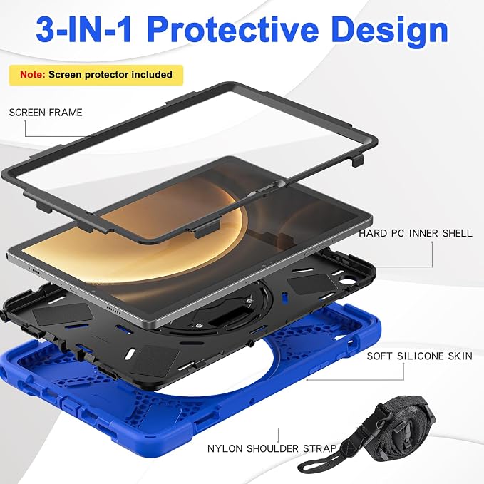BRAECN for Samsung Galaxy Tab A9 Plus Case 11 Inch 2023 Shockproof Hard Duty Case with Screen Protector &amp360 Rotating Stand&ampHand Strap/Shoulder Strap for Galaxy A9 Plus Tablet-Black