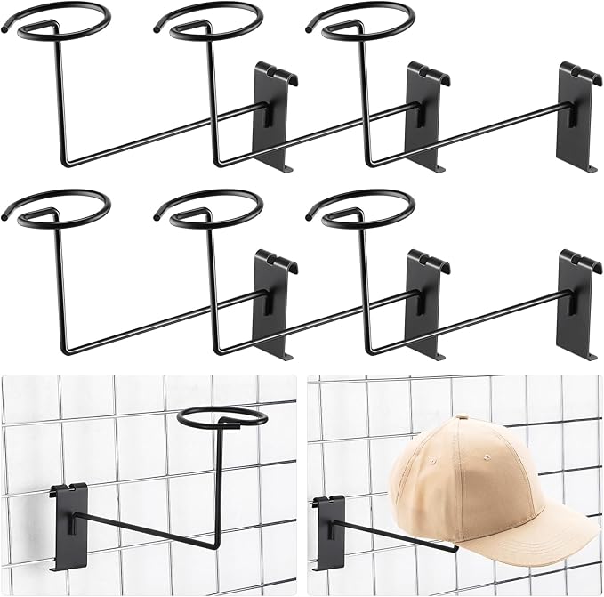 Blulu 6 Pcs Hat Displayer for Gridwall, Metal Hat Helmet Rack Retail Store Display Shelves Organizer Cap Rack Wall Fixtures Gridwall Hooks Accessories for Craft Show Garage (Black)
