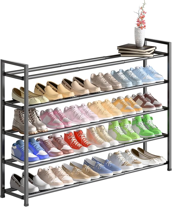 Bumusty 5-Tier Long Expandable Shoe Rack for Closet, 18"-44" Adjustable Shoe Rack for Entryway, 25-30 Pairs Large Shoe Organizer Shelf Storage, Sturdy Metal, Grey