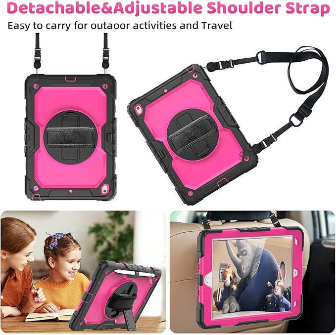 BLOSOMEET Case for iPad 9th Generation 2021 10.2 Inch with Tempered Glass Screen Protector & Pencil Holder,Protective Kids iPad 7th/8th Gen Cover 2020 2019 w/Stand Hand Shoulder Strap,Rosered