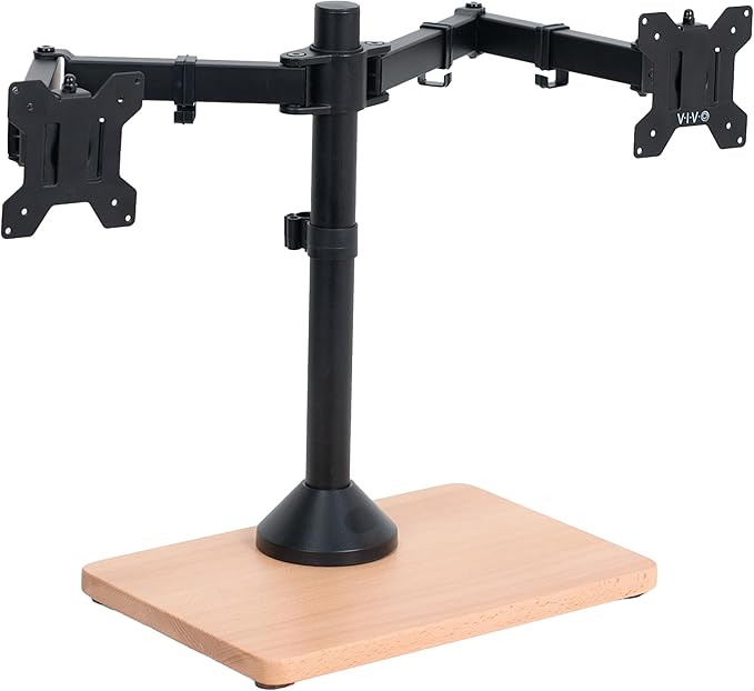 VIVO Freestanding Dual Monitor Stand with Solid Wood Base and Adjustable Arms, Mounts 2 Screens up to 32 inch and 22 lbs Each, Black, STAND-V002FD-B