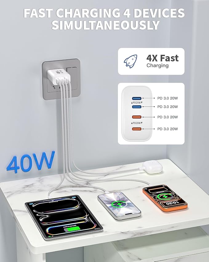iPhone Charger Fast Charging for iPhone 17 16 152Pack 4Port USB C Charging | [Apple MFi Certified]40W Apple Fast USB C Charger Block with 6FT Woven USBC Cable for iPhone 17 Pro Max/Air/17 Pro/16/15i