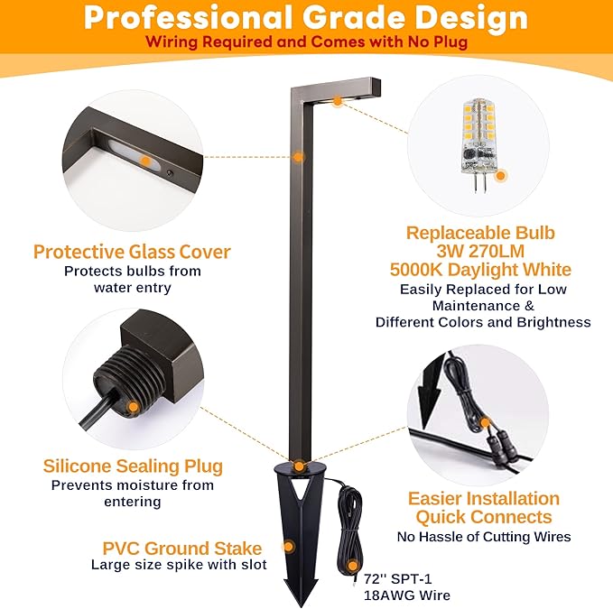 Brass Low Voltage Landscape Path Lights, Wired Pathway Lights, Outside IP65 LED Bronze L Shape Driveway Lights for Backyard Garden House with 3W 270LM 5000K G4 Bulb 12 Pack