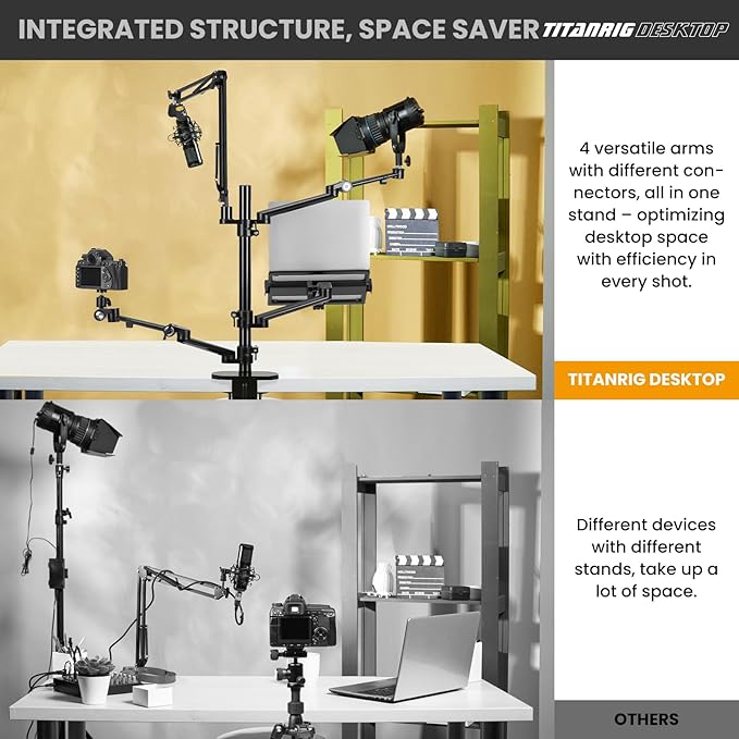 TARION Overhead Camera Desk Mount: 4-in-1 Heavy Duty Mount Set with 1 Mic Boom Stand + 3 Articulating Arms for DSLR Cameras Ring Light Monitor Laptop - Live Stream Stand TitanRig Desk