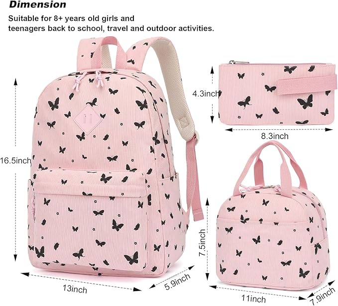 Corduroy Girls Backpack Set, 3PCS School Backpacks for Kids Elementary Middle School Bags with Lunch Box Pencil Case (Pink Corduroy Butterfly)