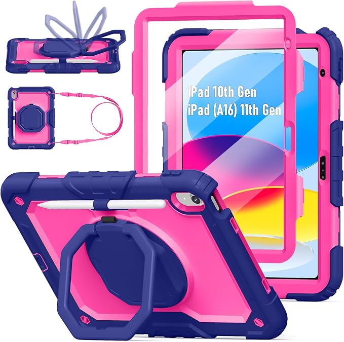 Case for iPad (A16) 11th/10th Generation 11/10.9 2025/2022 Black | Full-body Heavy Duty iPad A16 Case for Adults Kids with Screen Protector 360° Rotating Stand Shoulder Strap Pencil Holder