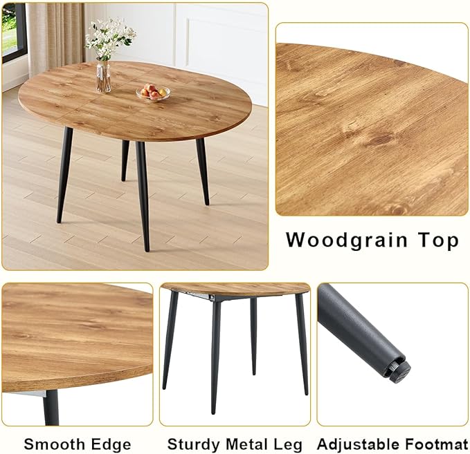 42"-54" Extendable Dining Table Set for 6, Oval Dining Table Set for 6, 0.73" Thick Wood Tabletop with Smooth Edge, Black Metal Leg with Non-Slip Footmat, 6 Soft PU Chairs, for Kitchen, Small Space