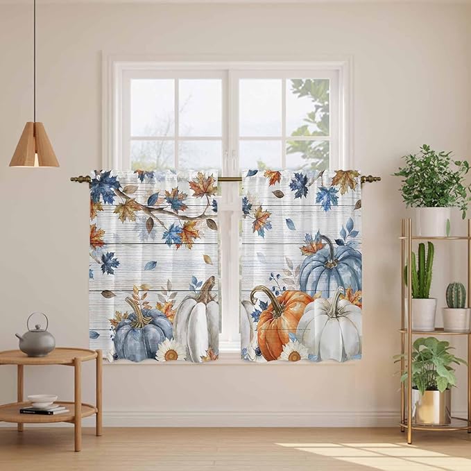 Thanksgiving Pumpkin Kitchen Curtains 54 Inch Long 2 Panel Set, Rod Pocket