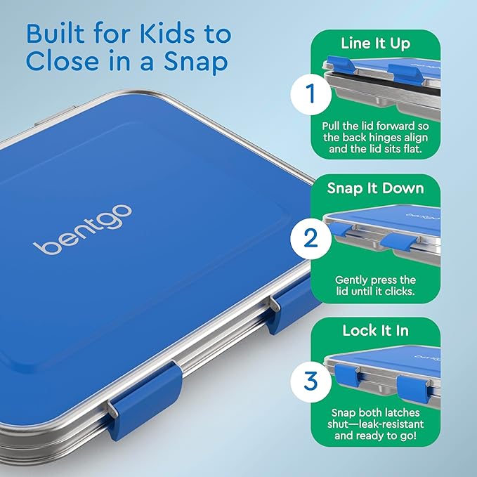 Bentgo Kids Stainless Steel Leak-Resistant Lunch Box - 3-Compartments with Bonus Silicone Container, Durable, Eco-Friendly, Dishwasher Safe, BPA-Free, Ideal for School, Ages 3+ (Blue)