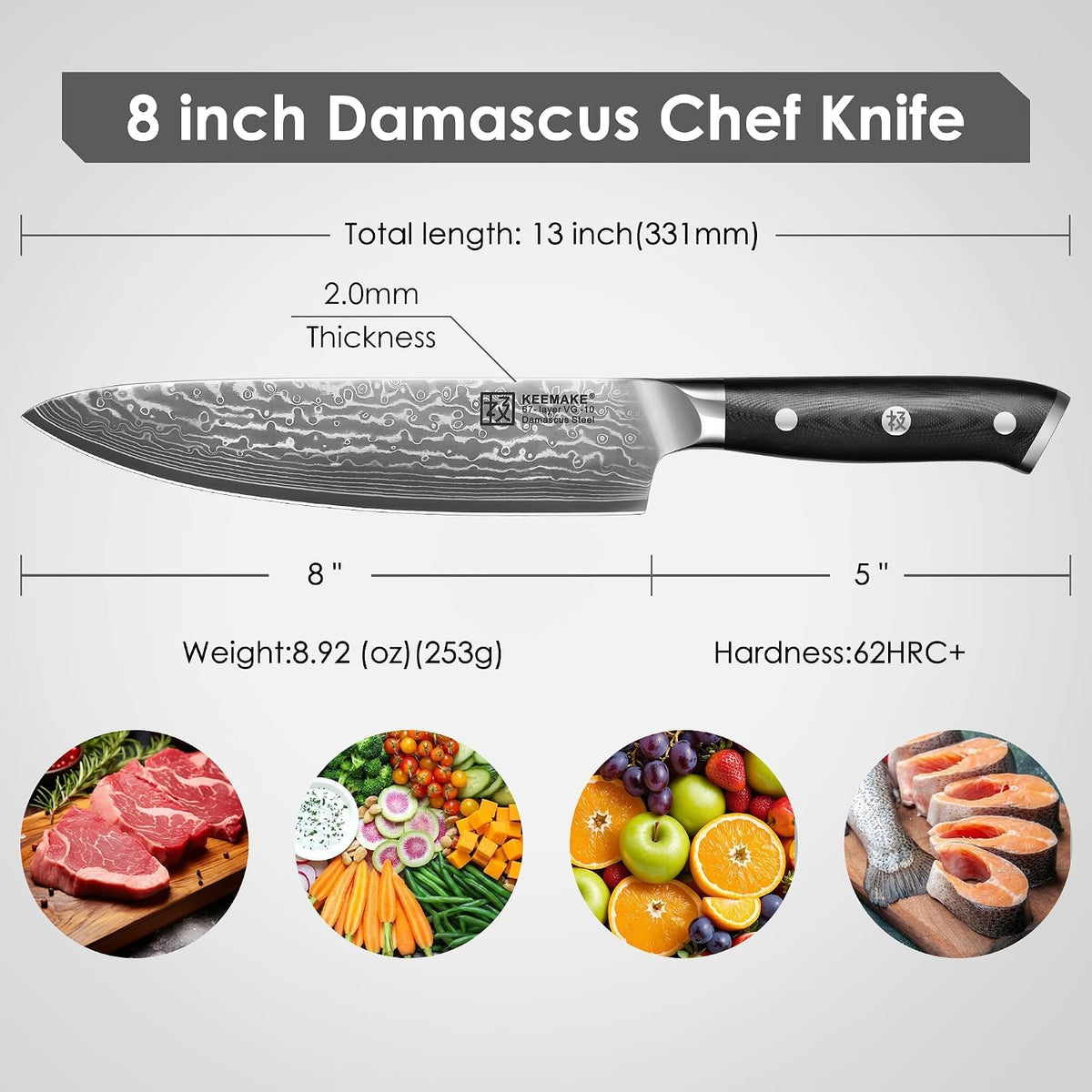 KEEMAKE Damascus Chef Knife, 8 Inch Kitchen Knife