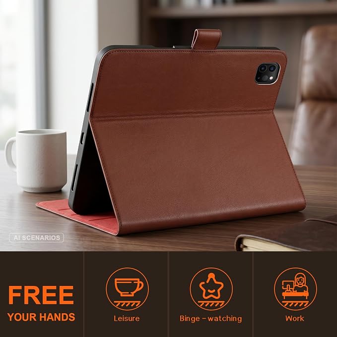 Leather Case for iPad 11th/10th Gen (11/10.9) Black | Genuine Leather Pencil Holder Adjustable Stand Magnetic Closure Auto Wake/Sleep