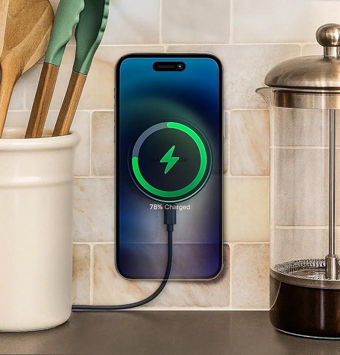 Galvanox Compatible with MagSafe Wall Mounted Magnetic Wireless Charger (15W) Fast Charging Stick-on Adhesive Design with Removable USB-C Cable (Black 10 FT)
