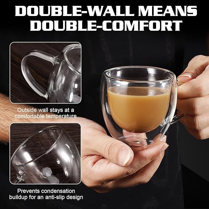 Clear Glass Double Wall Insulated Round Coffee Mugs Set of 2 Pieces - Small Size 5.5oz Best Reusable Coffee Mug for Home Cafe Restaurant Perfect for Espresso Capucinno Lungo Latte Coffee
