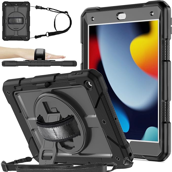 BMOUO for iPad 9th/8th/7th Generation Case 10.2 Black | Shockproof Rotating Stand Shoulder Hand Strap iPad 9th/8th/7th Generation Case with Pen Holder for iPad 10.2“ 2021/2020/2019