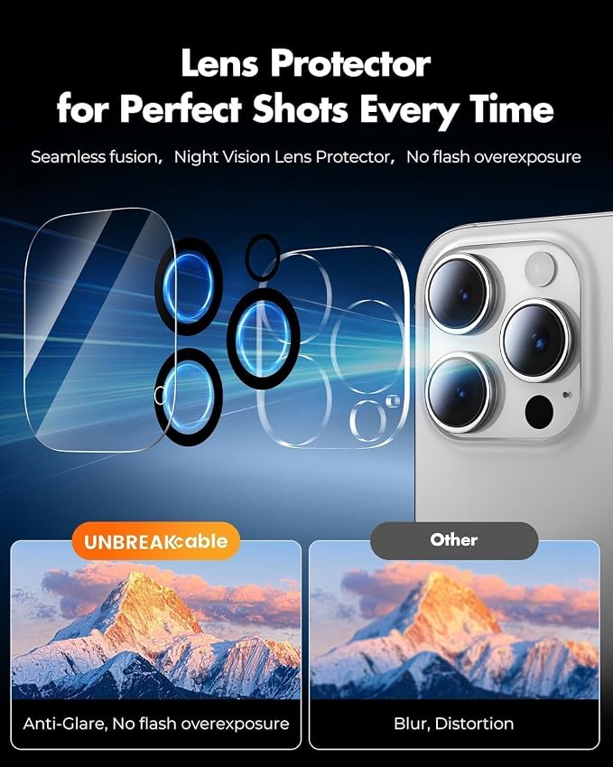 UNBREAKcable for iPhone 15 Plus Screen Protector 4+2 Pack [9H+ Military-Grade Shatterproof] [Effortless Bubble-Free Installation] Ultra HD Clarity Tempered Glass with Lens Protector Case friendly