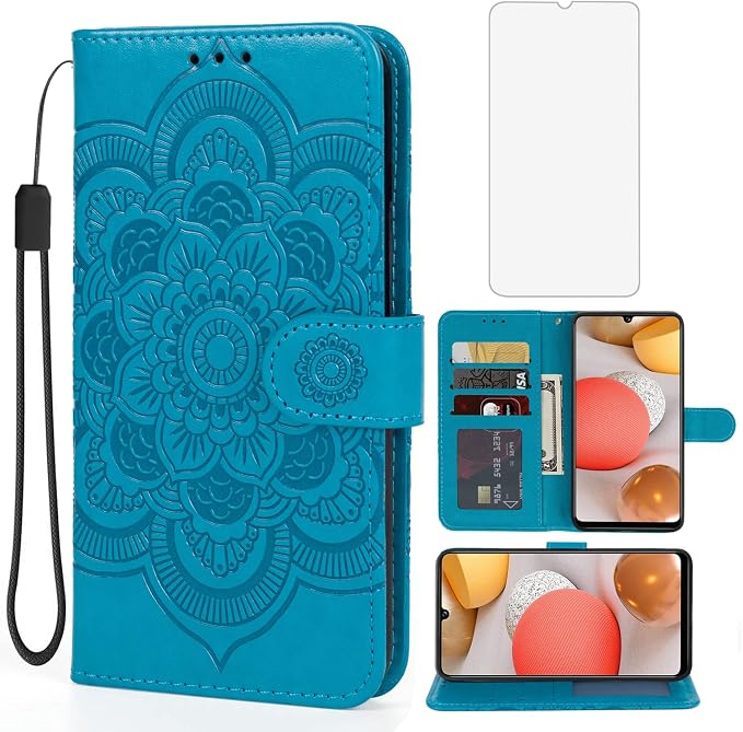 Case for Galaxy A42 5G Case Galaxy M42 5G SM-A426 Wallet Case with Tempered Glass Screen Protector Leather Flip Credit Card Holder Stand Phone Cover Cases for Samsung Galaxy A42 5G Blue