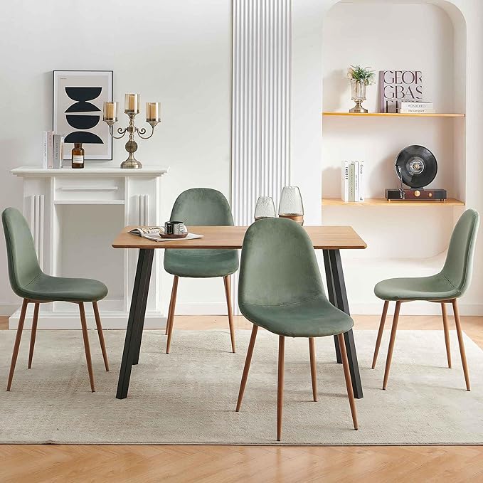 Howtek Mid-Century Modern Dining Chairs Set of 4, Green Velvet Upholstered Kitchen Side Chairs with Backrest & Metal Legs for Dining Room, Living Room, Restaurant