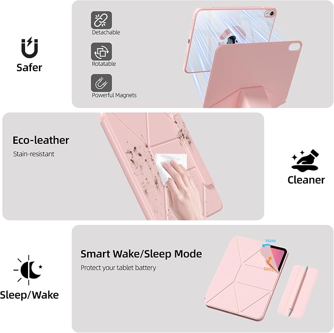 kenke Case for iPad Air 11'' M4/M3/M2 Air 10.9'' 5th/4th Gen Black | Detachable Rotating 360° Magnetic Clear Back Multi-folding Stand Cover Pencil Holder Auto Wake/Sleep Touch ID