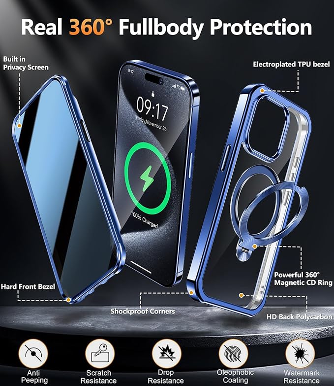 [360° Rotatable CD Stand & Built-in Privacy Screen Magnetic Case for iPhone 15 Pro [Compatible with MagSafe & Full Signal] Mil-Grade Shockproof Full Body Anti-Spy Cover for 15 Pro-Blue