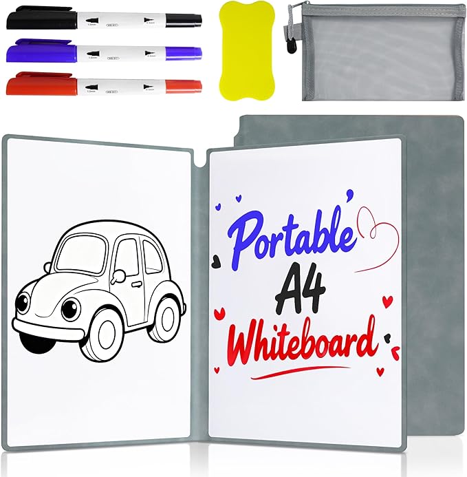Portable White Board Dry Erase Notebook 12" x 9" (A4), Double Sided Folding Reusable Whiteboard with 3 Markers & 1 Pen Bag, Anti-Ghosting & Anti-Smudg Surface Notebook for Study, Meeting (Blue)