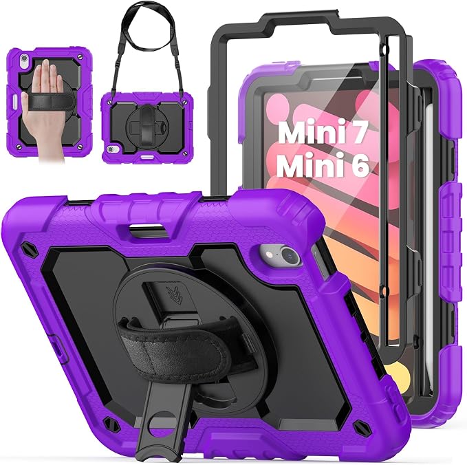 Case for iPad mini 7 (A17 Pro) 2024/ Mini 6 8.3'' with Pencil Holder Screen Protector [360 Rotating Hand Strap] &ampStand &ampShoulder Strap Shockproof Case for iPad mini 7th/6th Generation Purple
