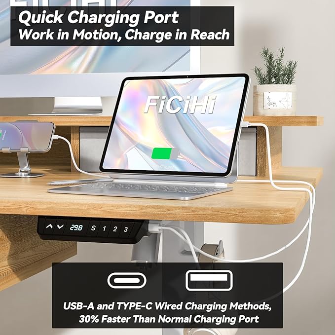 FiCiHi Adjustable Height Standing Desk with 4 Drawers,55 x 30 inches Electric Sit Stand Home Office Desk with Two Tiers, 3 Memory Presets, Monitor Stand Riser, USB A/C Charging Port