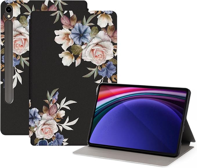 Case for Galaxy Tab S9 11-inch Shockproof Protective Cover Folding Stand Case for Samsung Galaxy Tab S9 FE Tablet [SM-X710/SM-X716B/SM-X718U/X510/SM-X516 2023 Release] -Black Flowers