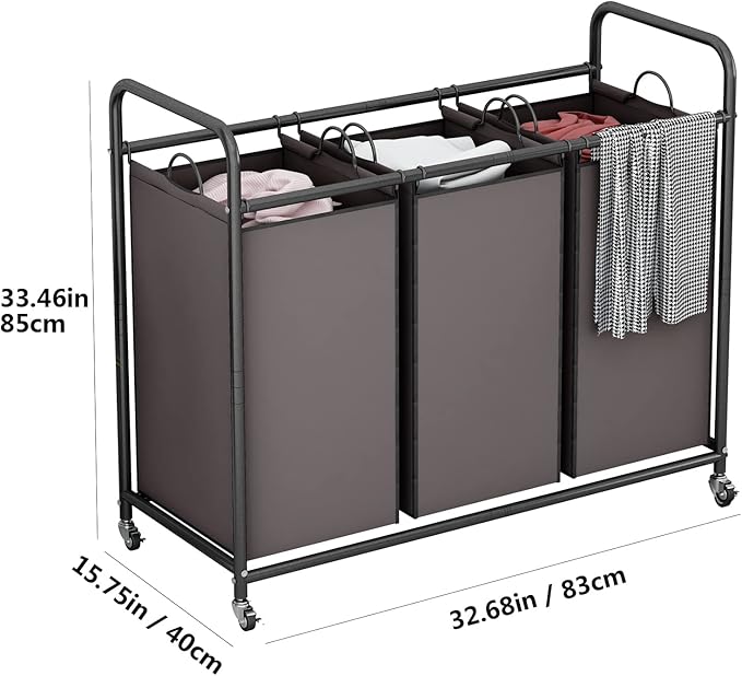 LINZINAR 3-Bag Laundry Sorter,Laundry Hamper Cart with Heavy Duty Rolling Lockable Wheels and Removable Bags (Brown)