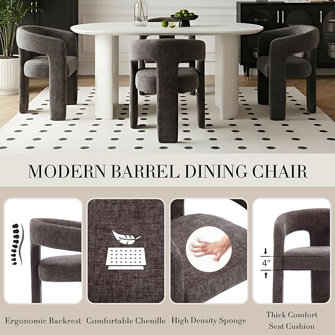 Modern Chenille Dining Chairs Set of 2, Upholstered Barrel Chairs with Arms Comfy Accent Side Chairs for Living Room/Dining Room/Reception, Charcoal Black
