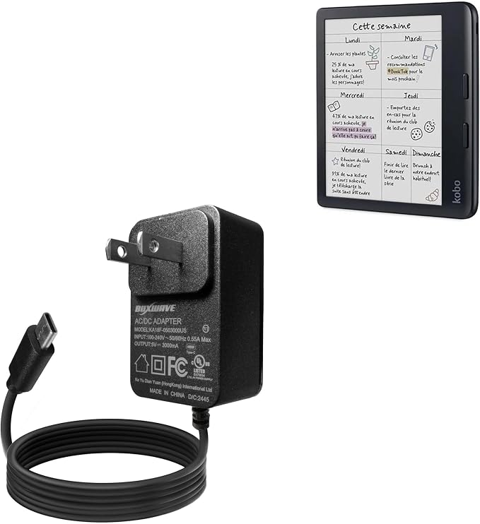 BoxWave Charger Compatible with Kobo Libra Colour - Wall Charger Direct (15W) Rapid Charge Your Device with Built-in 3ft Cable
