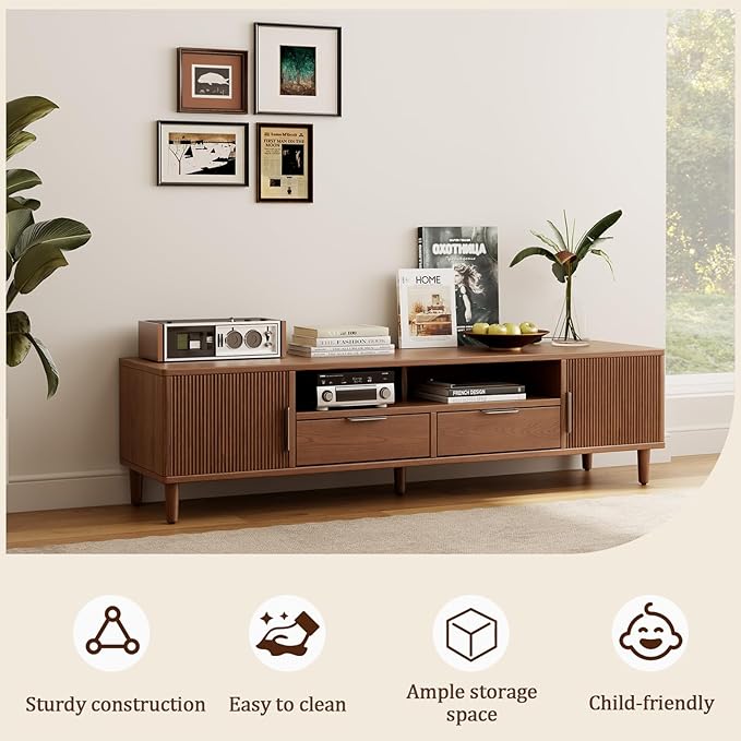 TIMBERKNOWS Mid-Century Modern TV Stand Fits TVs up to 60,Fluted TV Consoles Storage Doors and Cable Management,Entertainment Center tv Stands, for Living Room, Bedroom, Dining Room-Walunt