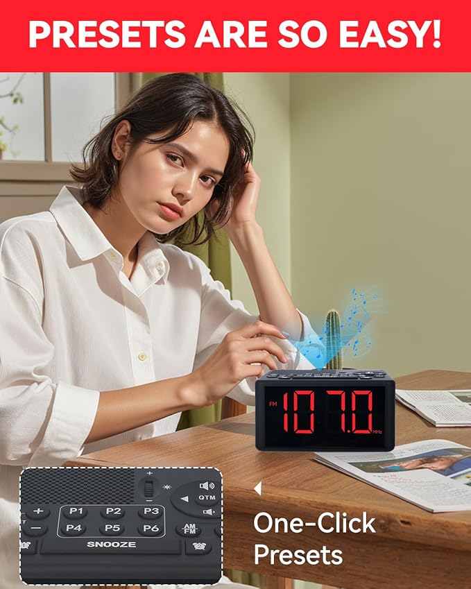 Digital Alarm Clock Radio with AM/FM Radio, Presets, Dual Alarms, Weekday / Weekend Alarm, Snooze, Sleep Timer, Dimmable Red LED Screen for Bedrooms, living rooms, kitchens, offices, etc (Red)