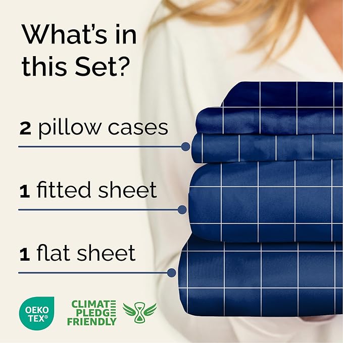 CGK Unlimited Blue Grid Bed Sheet Set – 1 Flat & 1 Fitted Sheet & 2 Pillowcases w/Deep Pockets – Wrinkle & Fade Resistant - Soft, Breathable & Cooling – Checkered Grid Bed Set, Seasons - Full Size