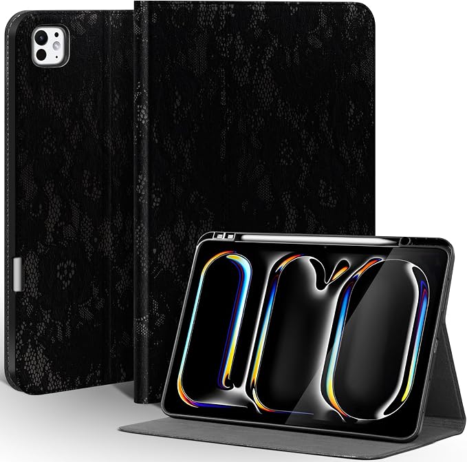 Leather Case for iPad Pro 13 Inch M5/M4 2025/2024Silver Black | Genuine Leather Cover with Pencil HolderProtective Smart Folio Auto Sleep/WakeShockproofAdjustable Stand