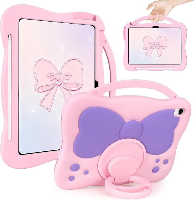 VOFUOE for iPad A16 Case Kids iPad 11th/10th Generation Case 11 Inch 2025 | Cute Bow Soft Silicone iPad 10th Cover 10.9 Inch 2022 for Girls Built-in Handle Rotatable Stand Pencil Holder-Pink Purple