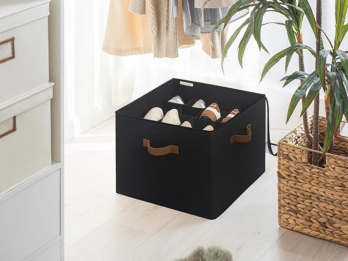 StorageWorks Shoe Organizer for Closet, Fits up to 16 Pairs, Shoe Cubby Storage Containers with Adjustable Dividers and Clear Cover, Black