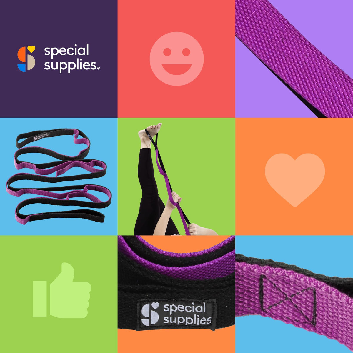 SPECIAL SUPPLIES Yoga Strap for Stretching, Stability Training, Fitness, Flexibility, Physical Therapy, Home Workout Equipment, Strength Training, and Pilates (Purple)