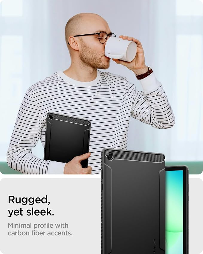 Spigen for Galaxy Tab A11+ Plus Case (2025) Rugged Armor Slim Protective Case with Carbon Fiber Design and Air Cushion Technology Matte Black