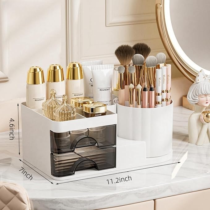 Makeup Organizer for Vanity with 2 Drawers,Countertop Rotating Makeup Brush Holder,Bathroom Organizer Holder,Cosmetic Display Case for Lipstick,Beauty,Skincare Organizer (White)