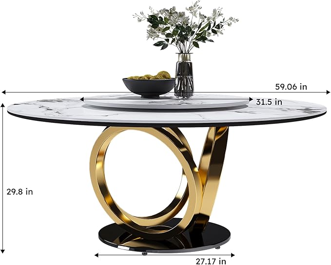 59" Round Modern Marble Dining Table with Lazy Susan, Sintered Stone Top for Kitchen, Dining Room, Dinette, Space Saving Design