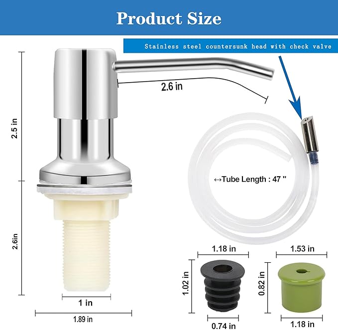 Soap Dispenser for Kitchen Dish Sink Built in Soap Dispenser Pump Chrome Platingd with 47" Extension Tube Kit