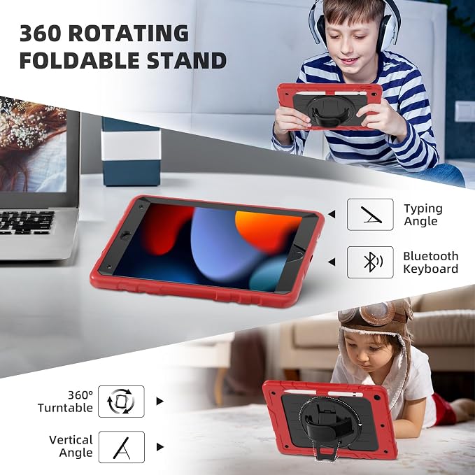 Case for iPad 9th/8th/7th Generation-Built-in Screen Protectorwith Pencil Holder&amp360°Rotating Hand StrapShoulder StrapCase for iPad 10.2 inch 2021-2019(Black)