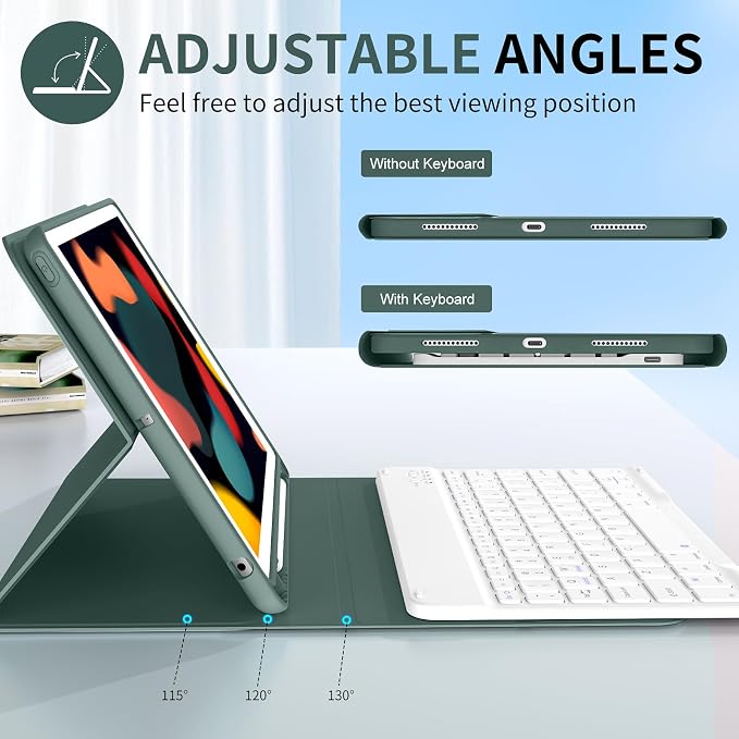 kenke Keyboard Case for iPad 9th/8th/7th Generation 10.2 Inch 2021/2020/2019 Soft TPU Back Stand Cover Smart Case with Pencil Holder Magnetically Detachable Wireless Bluetooth Keyboard Dark Green