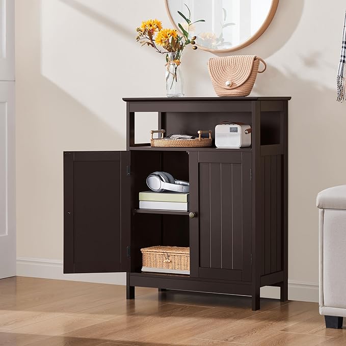 Yaheetech Bathroom Floor Storage Cabinet, Wooden Free Standing Storage Organizer with 2 Doors & Adjustable Shelf for Living Room, Hallway, Espresso