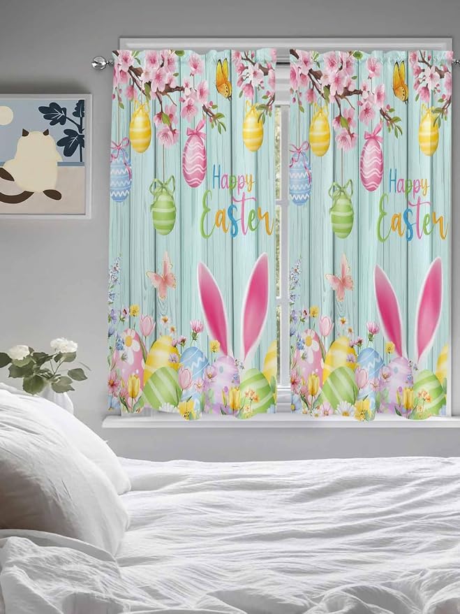 Happy Easter Living Room Curtains 72 Inches length, Spring Bunny Eggs Flower