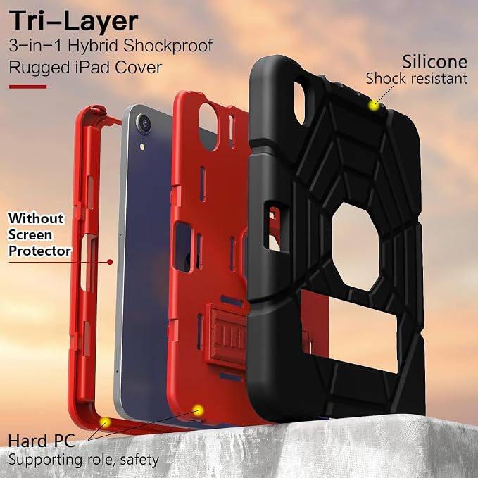 Grifobes Case for iPad mini 7th 2024 (A17 Pro) / Mini 6th Generation 2021 8.3 Heavy Duty Shockproof Cover with Pencil Holder Stand for i Pad Mini 7/6 Gen 8.3 inch Case (Black+Red+Red)