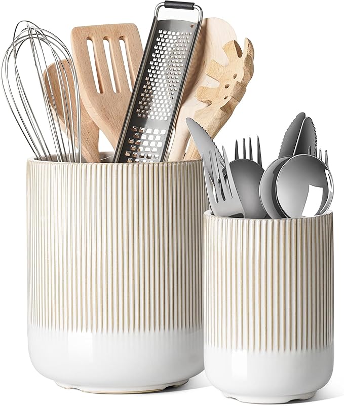 LE TAUCI Utensil Holder for Kitchen Counter, 7.3"+5.4" Fluted Ceramic Utensil Crock Organizer for Countertop, Heavy Large Holder for Spatulas, Spoons, Set of 2, Warm White Glaze