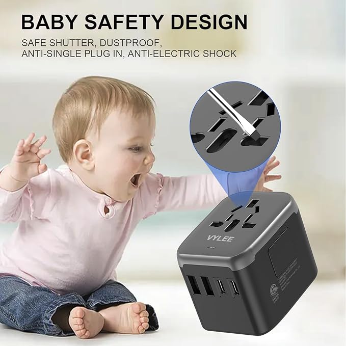 Universal Travel Adapter, VYLEE 5 in 1 International Power Adapter, 3.5A 2xUSB-A and 2xUSB C Wall Charger, Worldwide Travel Essentials Plug for Europe USA UK AUS Asia (Black Grey)