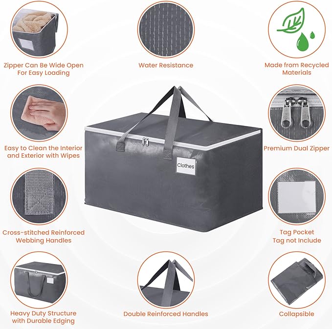 BlissTotes Large Moving Boxes and with Zippers & Handles Moving Supplies with lids, Heavy Duty Totes for Storage Bags for Space Saving, Fold Flat, Moving and Storing 125L, 8 Pack