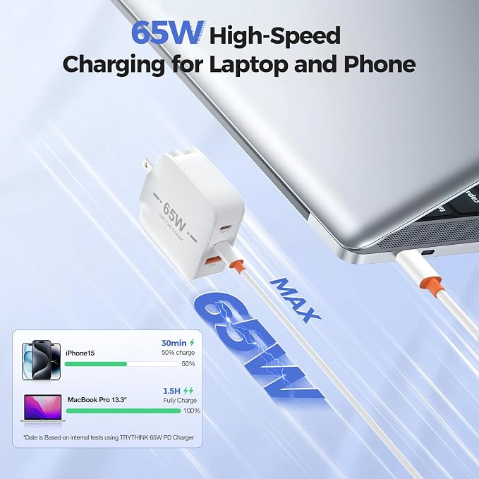 65W USB C Charger TRYTHINK 3-Port GaN PD Fast Charge Foldable Compact Fast Wall Charger Compatible with iPhone 1514 Pro MacBook Samsung Laptop Android Devices (Cable Not Included)
